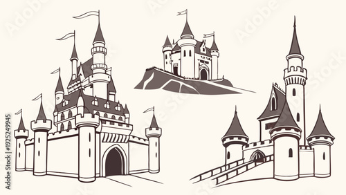 Fairytale Castle Illustrations Set Royal Fortress Icons for Fantasy Game Design Storybook Web Graphics