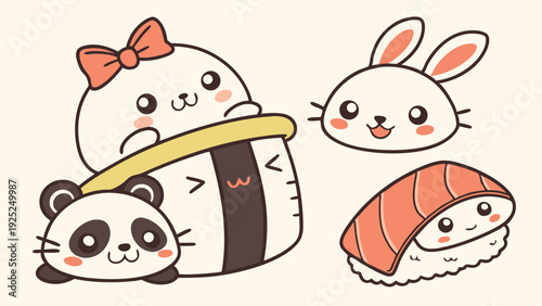 Cute Kawaii Sushi Food Characters for Childrens Restaurant Menu Design or Asian Cuisine Web Banner