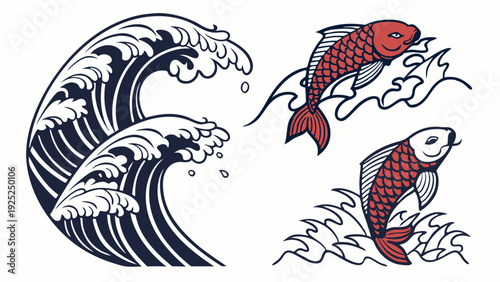 Japanese Wave and Koi Fish Tattoo Design for Apparel Printing Tattoos and Graphic Design Projects