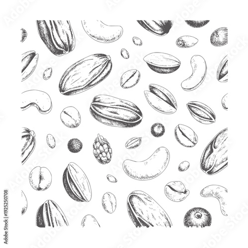 Black and white pattern of various nuts and seeds scattered