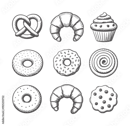 Black and white style of baked goods including pretzels croissants donuts cupcakes and cookies
