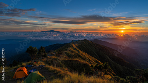 AI generator images of Popular tourist spots for viewing the sea of ​​mist. Popular tourist spots include Khao Chang Phueak, a World Geopark known for its unique mountain ridges and morning mist.