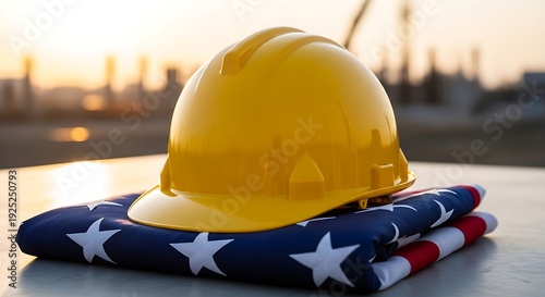Folded US flag under a yellow safety hat, representing labor and pride within a blurred metropolitan construction setting