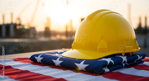 A high-gloss yellow hard hat sits on the stars and stripes of a folded flag outdoors at sunset