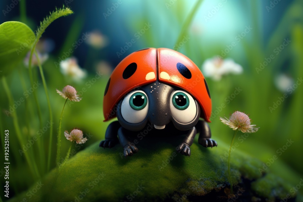 Fototapeta premium Ladybug cartoon character with big eyes crawling on green moss in a natural garden setting
