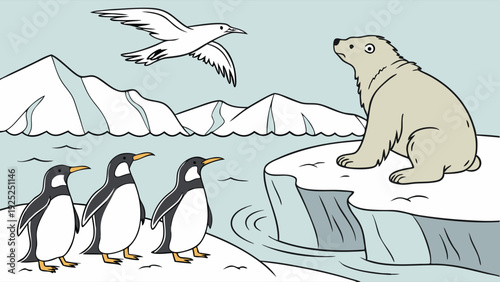 Polar Bear Meets Penguins and Seabird on Arctic Ice Floe for Nature Education or Children's Book Illustration