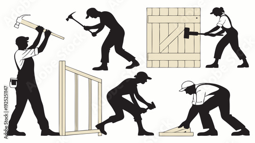 Carpentry Construction Workers Silhouettes Hammering Wood Framing Building Crates for Home Renovation Projects and Manual Labor Jobs