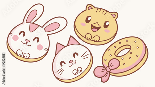 Cute Kawaii Macarons and Donut Set for Bakery Cafe Menu Design Sweet Dessert Illustration