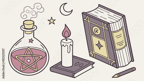 Mystical Potion, Spell Book, and Burning Candle for Witchcraft, Occult, and Magic Ritual Design Projects