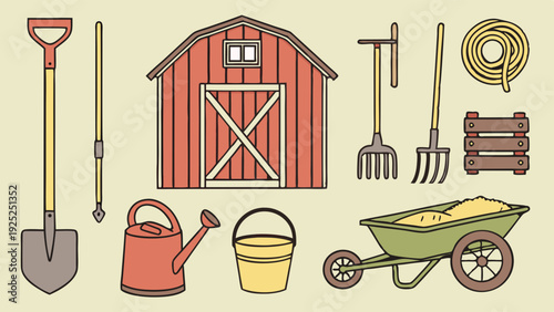 Rustic Farm Tools and Red Barn Illustration Perfect for Gardening Websites Seasonal Promotions and Agricultural Design Projects