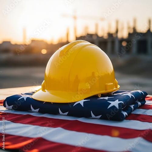 Yellow safety helmet resting on a neatly folded American flag with a blurred industrial sunset background scene