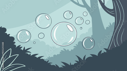 Magical Floating Soap Bubbles Rising Through Dark Forest Canopy for Fantasy Web Design or Children's Story Illustration