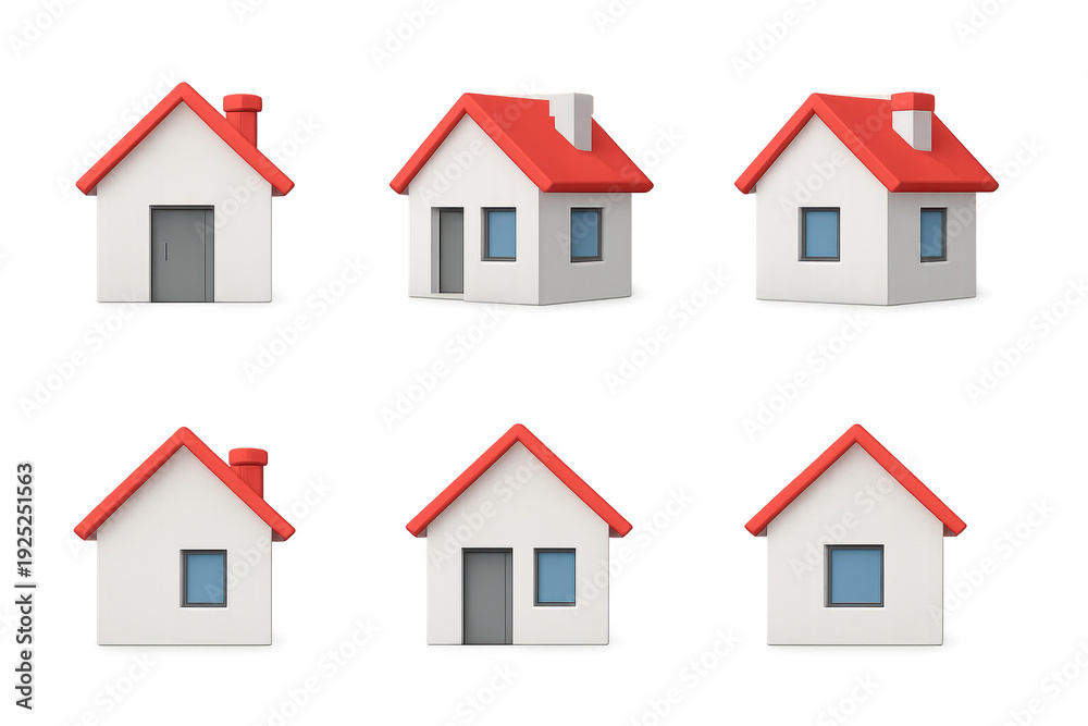 Fototapeta premium Six simple 3D white house models with red pitched roofs and chimneys shown from various angles on a clean transparent background