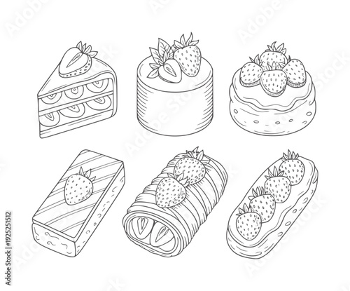 Six black and white line of various cakes and pastries decorated with strawberries