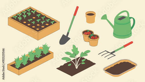 Gardening Tools and Raised Garden Beds for Spring Planting and Organic Vegetable Cultivation Home Projects