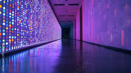 Futuristic corridor with colorful LED light panels reflecting on glossy floor creating vibrant digital interior