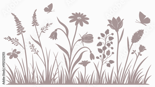 Wildflower Meadow Silhouette for Spring Garden Invitations Summer Wedding Decor Rustic Nature Background Design Element