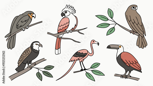 Exotic Tropical Birds Collection Falcon Cockatoo Flamingo Toucan Illustration for Wildlife Education Design Projects