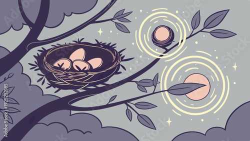 Bird Nest with Eggs in Tree Branches Under Night Sky for Growth Security Home Finance Planning Illustration