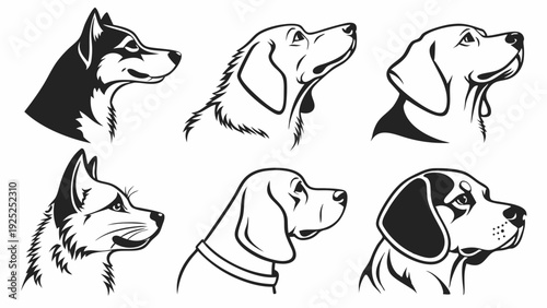 Six Dog Breed Head Silhouettes Husky Beagle Profile Vector Set for Pet Care Branding Advertising Design