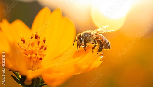 Bee and Yellow Flower: A close-up shot of a bee perched delicately on the vibrant petals of a yellow flower, capturing the beauty of nature's symbiotic relationship in warm, natural light.