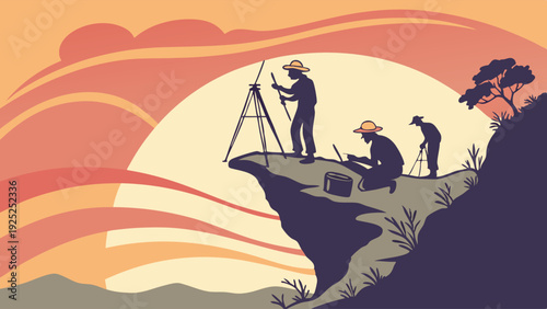 Surveyors Measuring Landscape on Cliff Edge at Sunset for Geological Mapping or Land Development Planning