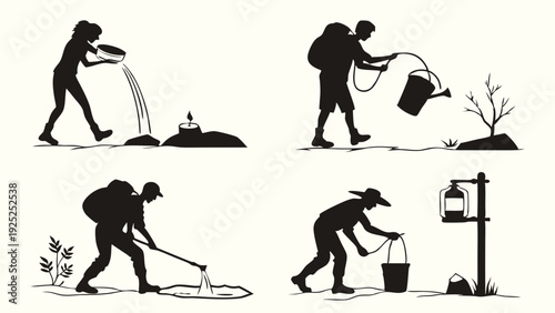 Water Conservation Silhouettes: People Collecting, Transporting, and Irrigating for Drought Relief and Sustainable Agriculture Web Design