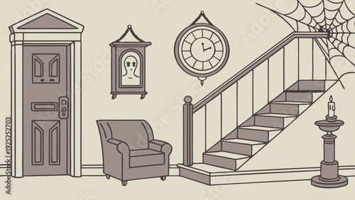 Spooky Haunted House Foyer Interior with Staircase Cobwebs for Halloween Decoration or Mystery Game Design