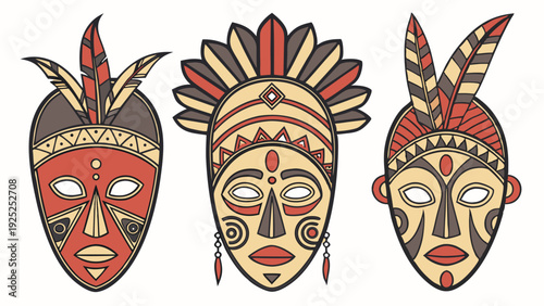 Tribal African Masks Set for Cultural Festival Design Travel Website or Ethnic Decoration Projects
