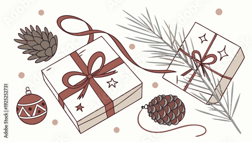 Rustic Christmas Gift Boxes Ribbons Pine Cones Holiday Ornament Design for Winter Season Greeting Cards Web Banners