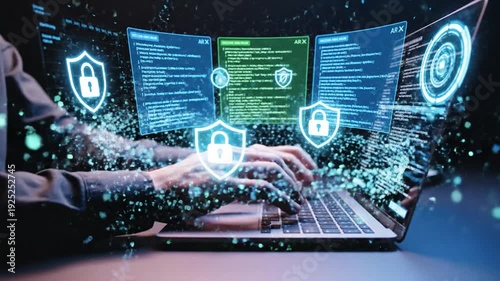 Cybersecurity specialist coding on laptop with overlayed security icons for encryption and data protection measures in a futuristic digital environment