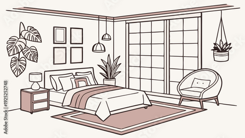 Cozy Minimalist Bedroom Interior Design Line Art for Real Estate Web Banners and Home Decor Blog Illustrations