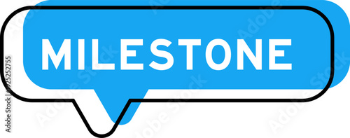 Speech banner and blue shade with word milestone on white background