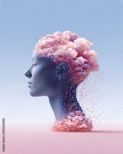 Human silhouette filled with colorful clouds and light particles, double exposure emotion concept, surreal illustration, mental health awareness, minimal background, copy space, soft pastel tone