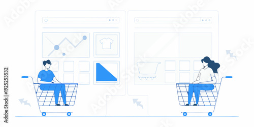 People shopping online with carts represented in a modern linear style