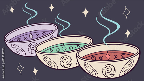 Steaming Magic Potions Bowls for Witchcraft Rituals Occult Healing Spells Mystical Potion Design