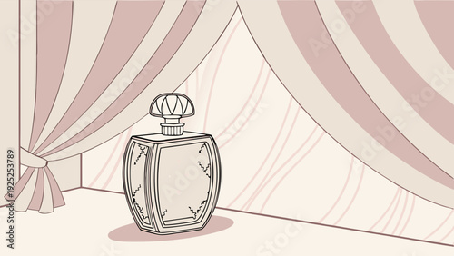 Elegant Vintage Perfume Bottle Displayed on Shelf with Draped Pink Curtains for Luxury Beauty Advertising