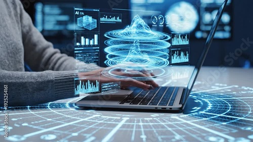 Data scientist typing on laptop with holographic data visualization and artificial intelligence indicators overlaying technology interface in blue
