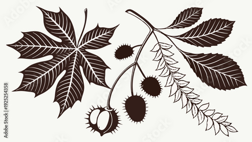 Vintage Chestnut Tree Botanical Illustration for Autumn Harvest Packaging Design and Nature Education Materials