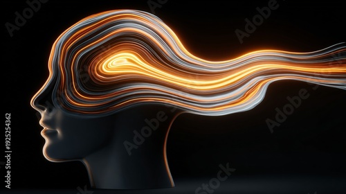 Half human half digital silhouette with emotional light patterns, future identity concept, surreal illustration, copy space