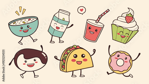 Cute Kawaii Food Icons Cereal Milk Drink Taco Donut Cupcake for Happy Children Menu Design