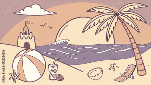 Summer Beach Vacation Scene with Sandcastle Palm Tree Beach Ball and Sunset for Travel Promotion Website Backgrounds (160 characters)