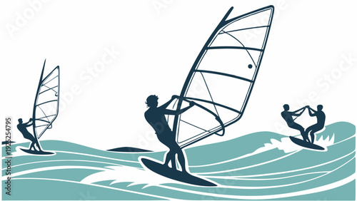Dynamic Windsurfing Action Silhouette on Wavy Water Perfect for Summer Sports Travel Vacation Web Design Graphics