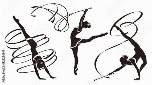 Rhythmic Gymnastics Silhouettes with Ribbon and Hoop for Sports Event Promotion and Fitness Website Design