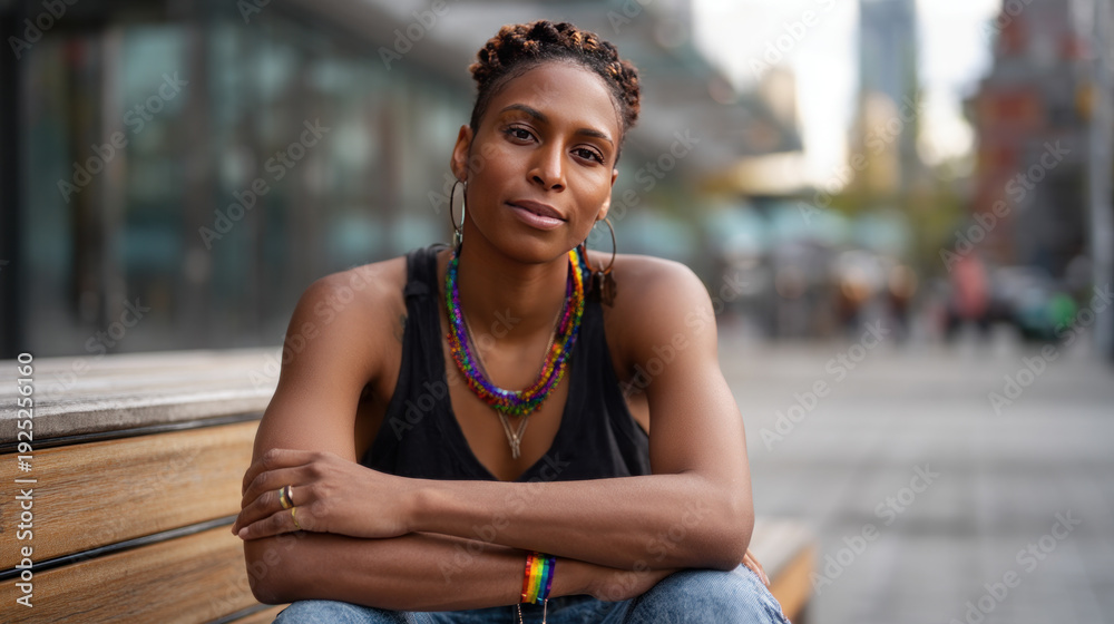 Fototapeta premium A confident transgender woman sitting on a bench in an urban setting, with rainbow jewelry. Lesbian couple friends generation z.