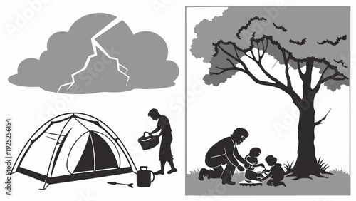 Family Camping Trip Interrupted by Thunderstorm Seeking Shelter Under Large Tree Safety Planning Outdoor Adventure Illustration
