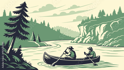 Two Adventurers Canoeing Down Scenic River Through Lush Forest Cliffs for Outdoor Travel Web Design or Adventure Tourism Promotion