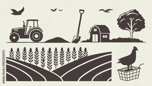 Rustic Farm Agriculture Icons Tractor Harvest Grain Barn Poultry for Rural Food Production Web Design Banners