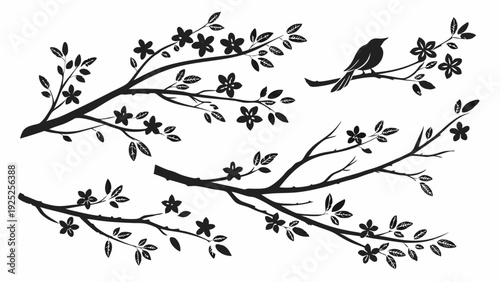 Black Silhouette Cherry Blossom Branches with Bird for Spring Decoration Wedding Invitations Nature Design Elements