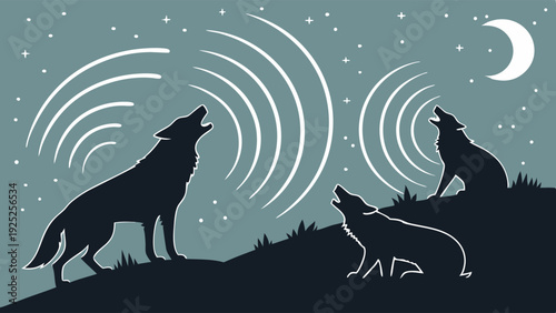 Three Wolves Howling at Night Sky with Moon Sound Waves for Wilderness Alerts Team Communication or Eerie Atmosphere Design Element